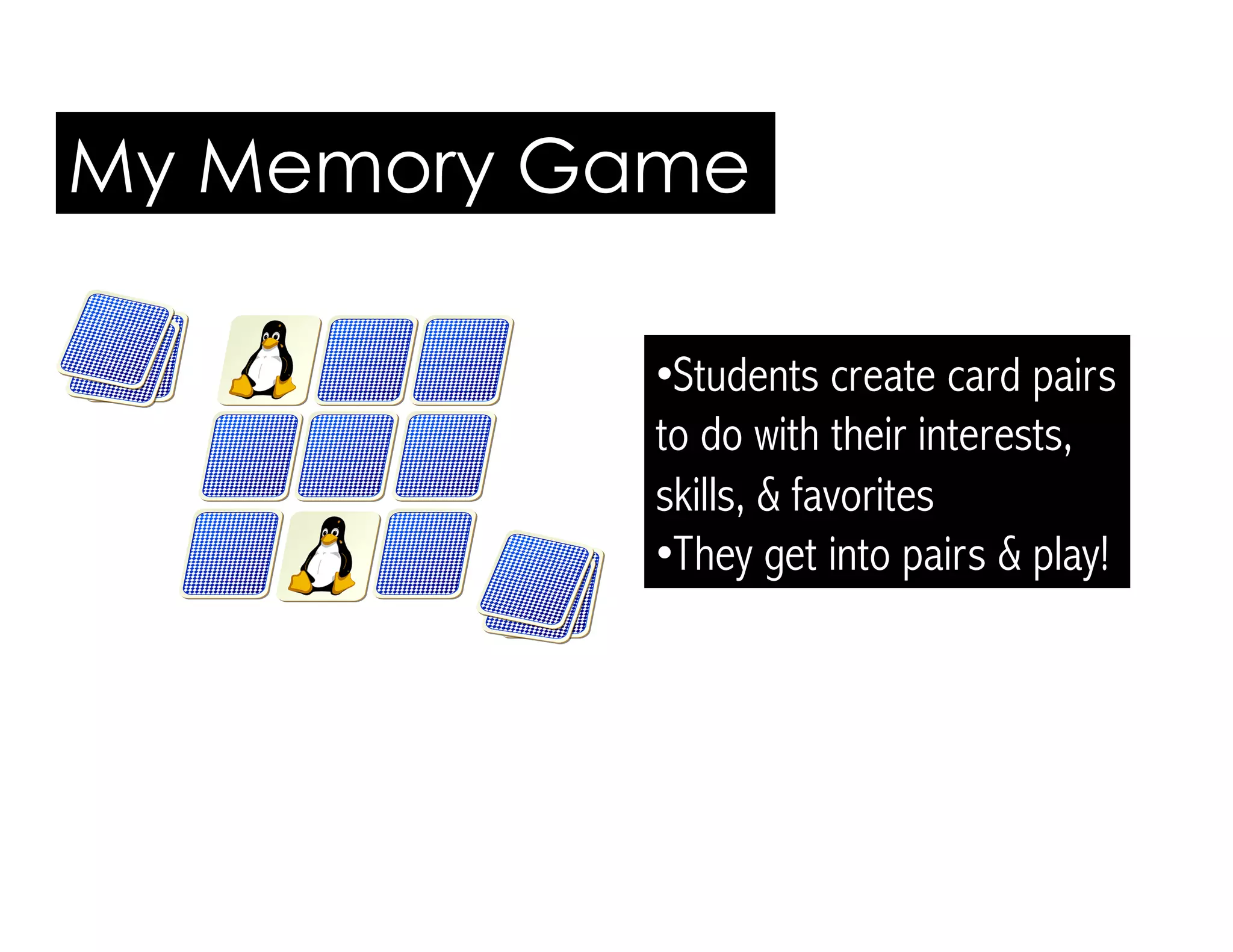 My Memory Game
• Students create card pairs
to do with their interests,
skills, & favorites
• They get into pairs & play!
 