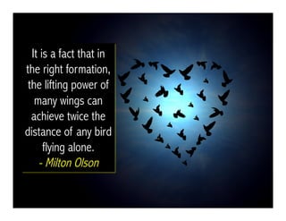 It is a fact that in
the right formation,
the lifting power of
many wings can
achieve twice the
distance of any bird
flyin...