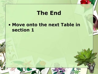 The End
• Move onto the next Table in
section 1
 