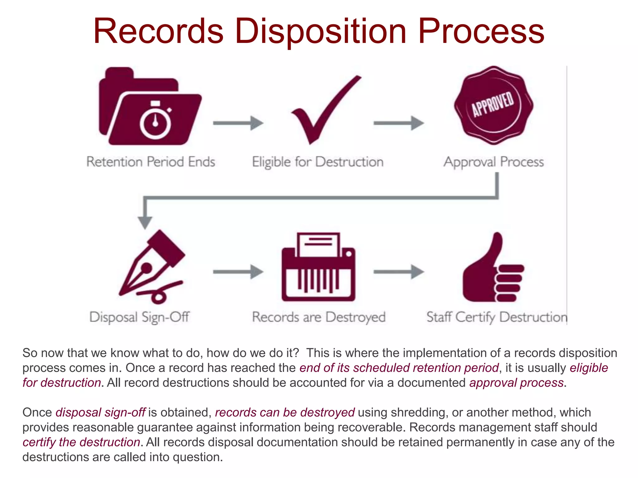 Records Disposition Process 
So now that we know what to do, how do we do it? This is where the implementation of a records disposition 
process comes in. Once a record has reached the end of its scheduled retention period, it is usually eligible 
for destruction. All record destructions should be accounted for via a documented approval process. 
Once disposal sign-off is obtained, records can be destroyed using shredding, or another method, which 
provides reasonable guarantee against information being recoverable. Records management staff should 
certify the destruction. All records disposal documentation should be retained permanently in case any of the 
destructions are called into question. 
 