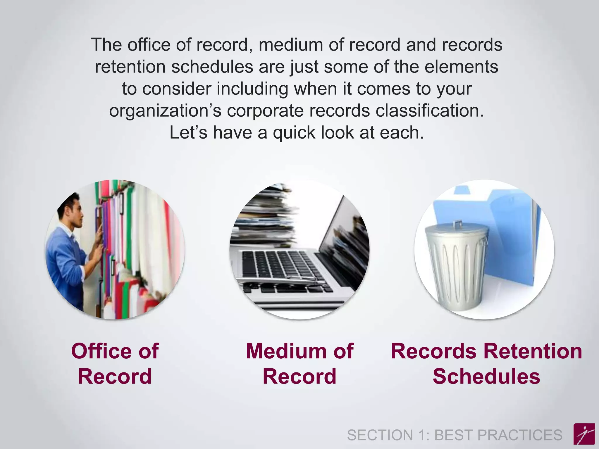 The office of record, medium of record and records 
retention schedules are just some of the elements 
to consider including when it comes to your 
organization’s corporate records classification. 
Let’s have a quick look at each. 
Office of 
Record 
Medium of 
Record 
Records Retention 
Schedules 
 