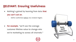 RELEVANT: Ensuring Usefulness
● Nothing’s gained by learning from data that
you can’t act on.
○ Define usefulness before any analysis begins.
● For example, “we’ll use the average
customer lifetime value to change who
we’re marketing to across all channels.”
12
 