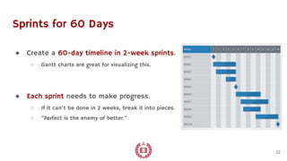 Sprints for 60 Days
● Create a 60-day timeline in 2-week sprints.
○ Gantt charts are great for visualizing this.
● Each sprint needs to make progress.
○ If it can’t be done in 2 weeks, break it into pieces.
○ “Perfect is the enemy of better.”
22
 