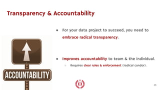 Transparency & Accountability
● For your data project to succeed, you need to
embrace radical transparency.
● Improves accountability to team & the individual.
○ Requires clear rules & enforcement (radical candor).
25
 