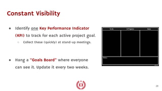 Constant Visibility
● Identify one Key Performance Indicator
(KPI) to track for each active project goal.
○ Collect these (quickly) at stand-up meetings.
● Hang a “Goals Board” where everyone
can see it. Update it every two weeks.
28
 