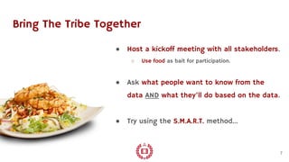 Bring The Tribe Together
● Host a kickoff meeting with all stakeholders.
○ Use food as bait for participation.
● Ask what people want to know from the
data AND what they’ll do based on the data.
● Try using the S.M.A.R.T. method...
7
 