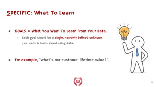 SPECIFIC: What To Learn
9
● GOALS = What You Want To Learn From Your Data.
○ Each goal should be a single, narrowly defined unknown
you want to learn about using data.
● For example, “what’s our customer lifetime value?”
 