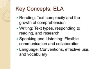 Key Concepts: ELAReading: Text complexity and the growth of comprehension Writing: Text types, responding to reading, and research Speaking and Listening: Flexible communication and collaboration Language: Conventions, effective use, and vocabulary 