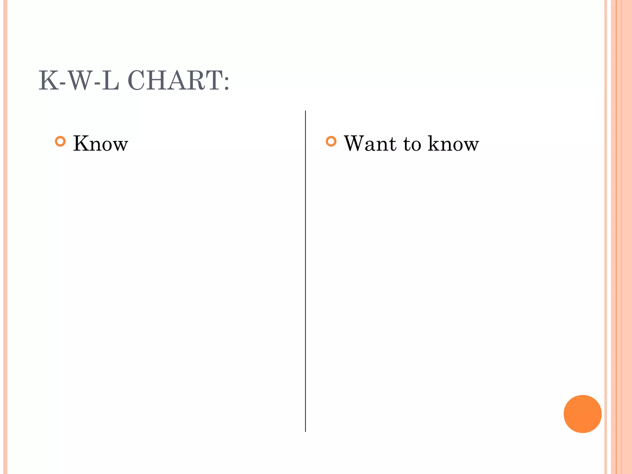 K-W-L CHART:
 Know  Want to know
 