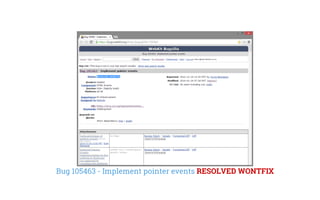Bug 105463 - Implement pointer events RESOLVED WONTFIX
 