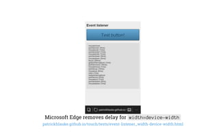 Microsoft Edge removes delay for width=device-width
patrickhlauke.github.io/touch/tests/event-listener_width-device-width.html
 