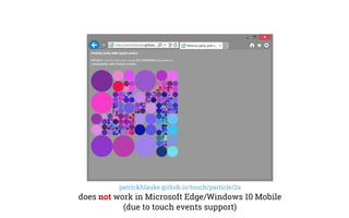 patrickhlauke.github.io/touch/particle/2a
does not work in Microsoft Edge/Windows 10 Mobile
(due to touch events support)
 