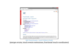 W3C Touch Events - Level 2 (Editor's Draft)
(merges errata, touch events extensions, fractional touch coordinates)
 