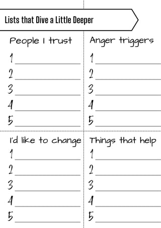 People I trust Anger triggers
I'd like to change Things that help
Lists that Dive a Little Deeper
1
2
3
4
5
_______________
_______________
_______________
_______________
_______________
1
2
3
4
5
_______________
_______________
_______________
_______________
_______________
1
2
3
4
5
_______________
_______________
_______________
_______________
_______________
1
2
3
4
5
_______________
_______________
_______________
_______________
_______________
 