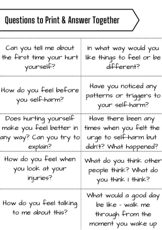 How do you feel talking
to me about this?
Does hurting yourself
make you feel better in
any way? Can you try to
explain?
How do you feel before
you self-harm?
Can you tell me about
the first time your hurt
yourself?
Questions to Print & Answer Together
In what way would you
like things to feel or be
different?
Have you noticed any
patterns or triggers to
your self-harm?
Have there been any
times when you felt the
urge to self-harm but
didn't? What happened?
What do you think other
people think? What do
you think I think?
What would a good day
be like - walk me
through from the
moment you wake up
How do you feel when
you look at your
injuries?
 