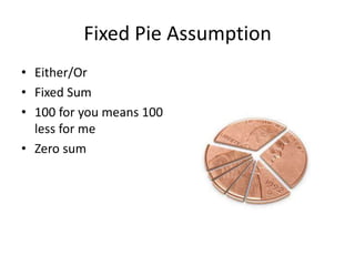 Fixed Pie Assumption 
• Either/Or 
• Fixed Sum 
• 100 for you means 100 
less for me 
• Zero sum 
 