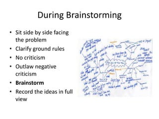 During Brainstorming 
• Sit side by side facing 
the problem 
• Clarify ground rules 
• No criticism 
• Outlaw negative 
criticism 
• Brainstorm 
• Record the ideas in full 
view 
 