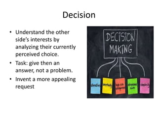 Decision 
• Understand the other 
side’s interests by 
analyzing their currently 
perceived choice. 
• Task: give then an 
answer, not a problem. 
• Invent a more appealing 
request 
 
