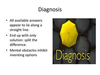 Diagnosis 
• All available answers 
appear to lie along a 
straight line. 
• End up with only 
solution: split the 
difference. 
• Mental obstacles inhibit 
inventing options 
 