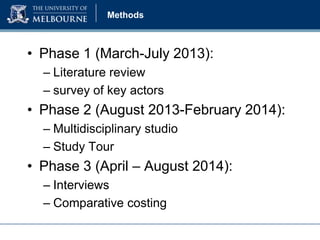 Methods

• Phase 1 (March-July 2013):
– Literature review
– survey of key actors

• Phase 2 (August 2013-February 2014):
– Multidisciplinary studio
– Study Tour

• Phase 3 (April – August 2014):
– Interviews
– Comparative costing

 