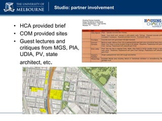 Studio: partner involvement

• HCA provided brief
• COM provided sites
• Guest lectures and
critiques from MGS, PIA,
UDIA, PV, state
architect, etc.

 
