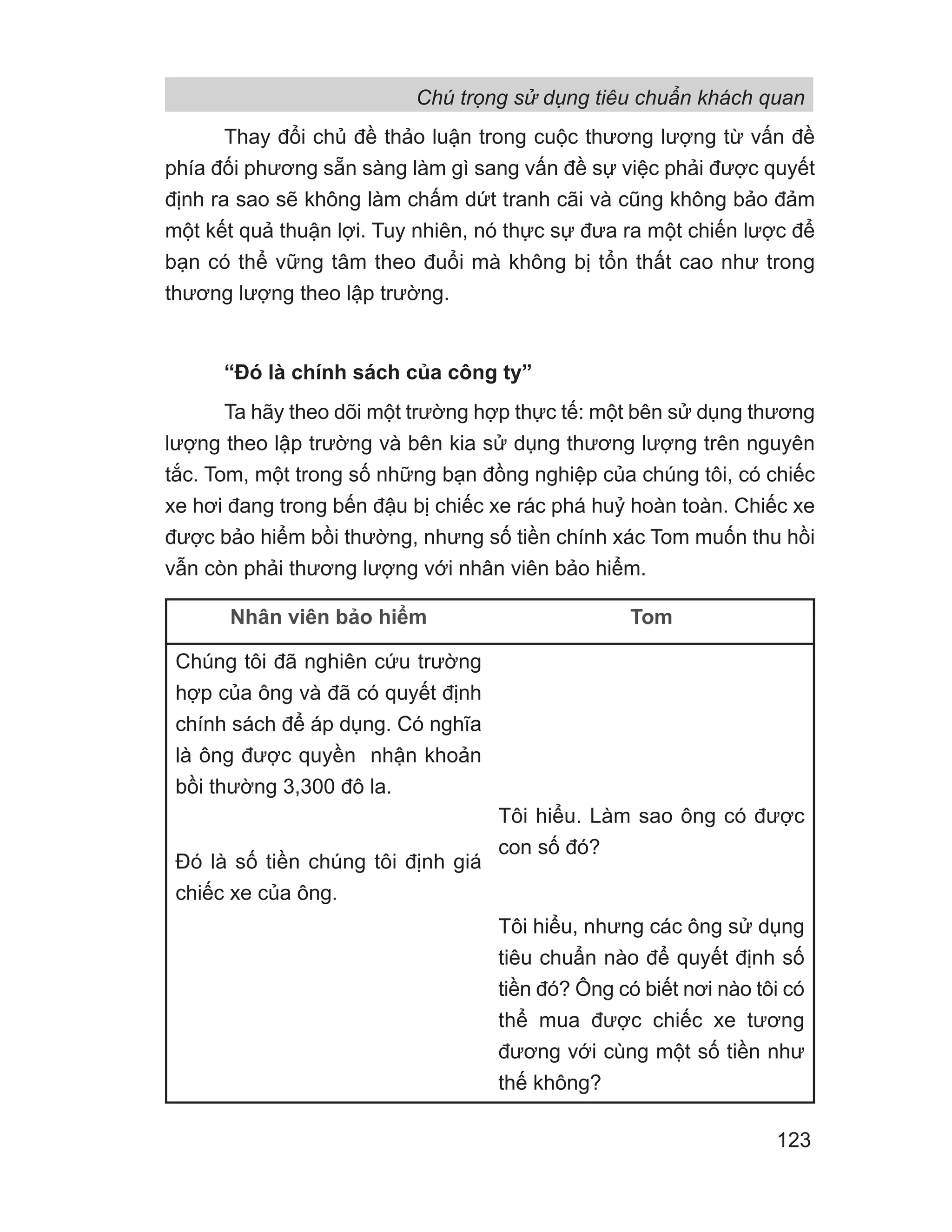 Thay đổi chủ đề thảo luận trong cuộc thương lượng từ vấn đề
phía đối phương sẵn sàng làm gì sang vấn đề sự việc phải được quyết
định ra sao sẽ không làm chấm dứt tranh cãi và cũng không bảo đảm
một kết quả thuận lợi. Tuy nhiên, nó thực sự đưa ra một chiến lược để
bạn có thể vững tâm theo đuổi mà không bị tổn thất cao như trong
thương lượng theo lập trường.
“Đó là chính sách của công ty”
Ta hãy theo dõi một trường hợp thực tế: một bên sử dụng thương
lượng theo lập trường và bên kia sử dụng thương lượng trên nguyên
tắc. Tom, một trong số những bạn đồng nghiệp của chúng tôi, có chiếc
xe hơi đang trong bến đậu bị chiếc xe rác phá huỷ hoàn toàn. Chiếc xe
được bảo hiểm bồi thường, nhưng số tiền chính xác Tom muốn thu hồi
vẫn còn phải thương lượng với nhân viên bảo hiểm.
Nhân viên bảo hiểm Tom
Chúng tôi đã nghiên cứu trường
hợp của ông và đã có quyết định
chính sách để áp dụng. Có nghĩa
là ông được quyền nhận khoản
bồi thường 3,300 đô la.
Đó là số tiền chúng tôi định giá
chiếc xe của ông.
Tôi hiểu. Làm sao ông có được
con số đó?
Tôi hiểu, nhưng các ông sử dụng
tiêu chuẩn nào để quyết định số
tiền đó? Ông có biết nơi nào tôi có
thể mua được chiếc xe tương
đương với cùng một số tiền như
thế không?
Chú trọng sử dụng tiêu chuẩn khách quan
123
 