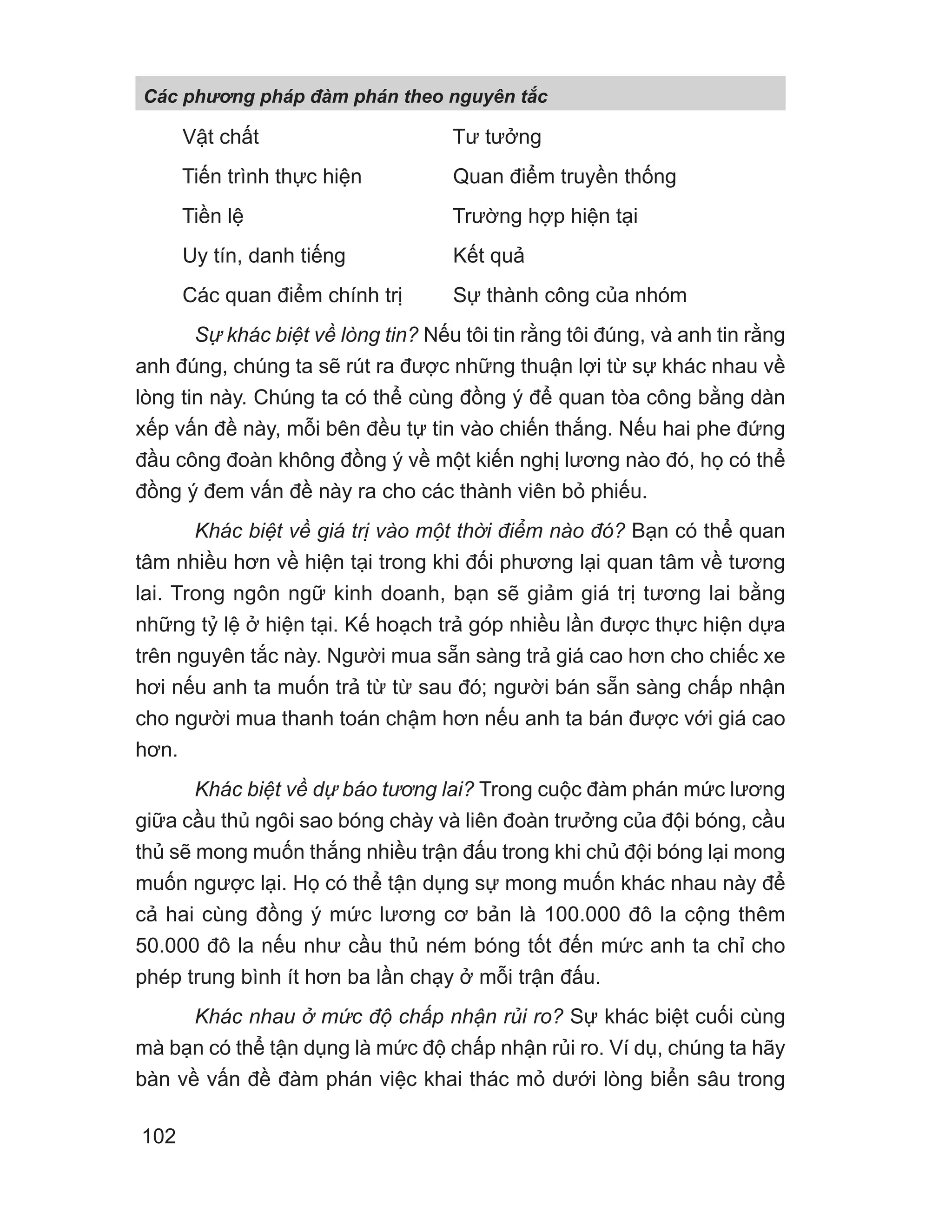 Vật chất Tư tưởng
Tiến trình thực hiện Quan điểm truyền thống
Tiền lệ Trường hợp hiện tại
Uy tín, danh tiếng Kết quả
Các quan điểm chính trị Sự thành công của nhóm
Sự khác biệt về lòng tin? Nếu tôi tin rằng tôi đúng, và anh tin rằng
anh đúng, chúng ta sẽ rút ra được những thuận lợi từ sự khác nhau về
lòng tin này. Chúng ta có thể cùng đồng ý để quan tòa công bằng dàn
xếp vấn đề này, mỗi bên đều tự tin vào chiến thắng. Nếu hai phe đứng
đầu công đoàn không đồng ý về một kiến nghị lương nào đó, họ có thể
đồng ý đem vấn đề này ra cho các thành viên bỏ phiếu.
Khác biệt về giá trị vào một thời điểm nào đó? Bạn có thể quan
tâm nhiều hơn về hiện tại trong khi đối phương lại quan tâm về tương
lai. Trong ngôn ngữ kinh doanh, bạn sẽ giảm giá trị tương lai bằng
những tỷ lệ ở hiện tại. Kế hoạch trả góp nhiều lần được thực hiện dựa
trên nguyên tắc này. Người mua sẵn sàng trả giá cao hơn cho chiếc xe
hơi nếu anh ta muốn trả từ từ sau đó; người bán sẵn sàng chấp nhận
cho người mua thanh toán chậm hơn nếu anh ta bán được với giá cao
hơn.
Khác biệt về dự báo tương lai? Trong cuộc đàm phán mức lương
giữa cầu thủ ngôi sao bóng chày và liên đoàn trưởng của đội bóng, cầu
thủ sẽ mong muốn thắng nhiều trận đấu trong khi chủ đội bóng lại mong
muốn ngược lại. Họ có thể tận dụng sự mong muốn khác nhau này để
cả hai cùng đồng ý mức lương cơ bản là 100.000 đô la cộng thêm
50.000 đô la nếu như cầu thủ ném bóng tốt đến mức anh ta chỉ cho
phép trung bình ít hơn ba lần chạy ở mỗi trận đấu.
Khác nhau ở mức độ chấp nhận rủi ro? Sự khác biệt cuối cùng
mà bạn có thể tận dụng là mức độ chấp nhận rủi ro. Ví dụ, chúng ta hãy
bàn về vấn đề đàm phán việc khai thác mỏ dưới lòng biển sâu trong
Các phng pháp đàm phán theo nguyên t c
102
 