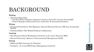 lineartocircular.com
Working
 Alberstons/SuperValu
 Led Zero Waste Programs designed to divert at least 90% of waste from landfill
 Project Manager leading multi-year, multi-firm, & international projects
Writing
 Columnist/Contributor: Salt Magazine, Harvard Business Review, CSR Asia, Sustainable
Brands
 Publisher/Editor: The Wicked Problems Collaborative
Learning
 Olin Business School; Washington University in St. Louis: Executive MBA
 Harvard University: Masters in Environmental Management (ALM)
Serving
 FRSA and RSA Connector for Thailand
 President – St. Louis PMI (Project Management Institute)
 
