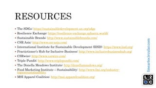 lineartocircular.com
 The SDGs: https://sustainabledevelopment.un.org/sdgs
 Resilience Exchange: https://resilience-exchange.sphaera.world/
 Sustainable Brands: http://www.sustainablebrands.com/
 CSR Asia: http://www.csr-asia.com/
 International Institute for Sustainable Development (IISD): https://www.iisd.org/
 Practictioner’s Hub for Inclusive Business: http://www.inclusivebusinesshub.org/
 CSRwire: http://www.csrwire.com/
 Triple Pundit: http://www.triplepundit.com/
 The Donella Meadows Institute: http://donellameadows.org/
 Food Marketing Institute – Sustainability: http://www.fmi.org/industry-
topics/sustainability
 MSI Apparel Coalition: http://msi.apparelcoalition.org/
 