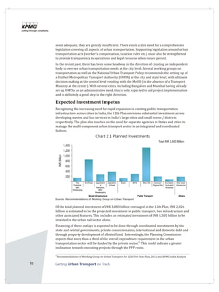 16 Getting on TrackUrban Transport
seem adequate, they are grossly insufficient. There exists a dire need for a comprehensive
legislation covering all aspects of urban transportation. Supporting legislation around urban
transportation acts (worker's compensation, taxation rules etc.) must also be strengthened
to provide transparency in operations and legal recourse when issues persist.
In the recent past, there has been some headway in the direction of creating an independent
body to oversee urban transportation needs at the city level. Several working groups on
transportation as well as the National Urban Transport Policy recommends the setting up of
a Unified Metropolitan Transport Authority (UMTA) at the city and state level, with ultimate
decision making at the central level residing with the MoUD (in the absence of a Transport
Ministry at the center). With several cities, including Bangalore and Mumbai having already
set up UMTAs as an administrative need, this is only expected to aid project implementation
and is definitely a good step in the right direction.
Expected Investment Impetus
Recognizing the increasing need for rapid expansion in existing public transportation
infrastructure across cities in India, the 12th Plan envisions substantial investment across
developing metros and bus services in India's large cities and small towns / districts
respectively. The plan also touches on the need for separate agencies in States and cities to
manage the multi-component urban transport sector in an integrated and coordinated
fashion.
Chart 2.1 Planned Investments
1,400
1,200
1,000
800
600
400
200
INRBillion
Total INR 3,883 Billion
Source: Recommendations of Working Group on Urban Transport
Of the total planned investment of INR 3,883 billion envisaged in the 12th Plan, INR 2,026
billion is estimated to be the projected investment in public transport, bus infrastructure and
other associated features. This includes an estimated investment of INR 1,505 billion to be
invested in the urban rail sector alone.
Financing of these outlays is expected to be done through coordinated investments by the
state and central governments, private concessionaires, international and domestic debt and
through property development of allotted land. Interestingly, the Planning Commission
expects that more than a third of the overall expenditure requirement in the urban
25
transportation sector will be funded by the private sector. This could indicate a greater
inclination towards executing projects through the PPP route.
New
Pedestrian,
NMV,
Streetscaping
New Roads Upgradation
of Roads
Buses BRTS Metro Rail Commuter /
Regional Rail
Bus Depots,
Terminals &
Workshops
Other Urban
Infrastructure
Street Infrastructure Public Transport Others
Upgradation
of
Pedestrian,
NMV,
Streetscaping
25
Recommendations of Working Group on Urban Transport for 12th Five Year Plan, 2011 and KPMG India Analysis
 
