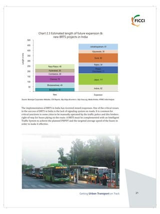 Getting on TrackUrban Transport 21
The implementation of BRTS in India has received mixed responses. One of the critical issues
in the success of BRTS in India is the lack of signaling system on roads. It is common for
critical junctions in some cities to be manually operated by the traffic police and this hinders
right-of-way for buses plying on the route. A BRTS must be complemented with an Intelligent
Traffic System to achieve the planned PHPDT and the targeted average speed of the buses in
order to make it effective.
500
450
400
350
300
250
200
150
100
50
Lengthinkms
New Expansion
vishakhapatnam, 61
Vijayawada, 30
Surat, 95
Rajkot, 34
Pimpri-
Chinchwad, 71
Jaipur, 111
Indore, 62
Naya Raipur, 46
Hyderabad, 39
Coimbatore, 28
Chennai, 70
Bhubaneshwar, 49
Bangalore, 35
Chart 2.3 Estimated length of future expansion &
new BRTS projects in India
Source: Municipal Corporation Websites, EIA Reports, http://tripp.iitd.ernet.in, http://niua.org, Media Articles, KPMG India Analysis
-
 