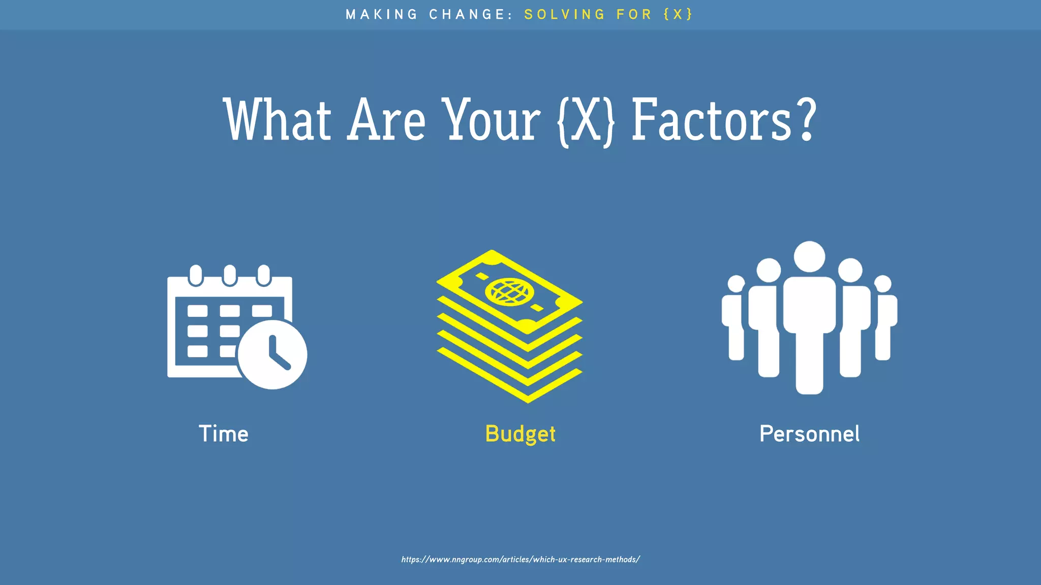 What Are Your {X} Factors?
https://www.nngroup.com/articles/which-ux-research-methods/
Time Budget Personnel
M A K I N G C H A N G E : S O L V I N G F O R { X }
 