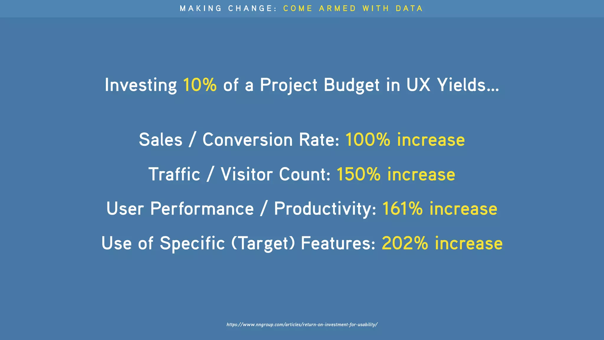 Sales / Conversion Rate: 100% increase
Traffic / Visitor Count: 150% increase
User Performance / Productivity: 161% increase
Use of Specific (Target) Features: 202% increase
Investing 10% of a Project Budget in UX Yields…
M A K I N G C H A N G E : C O M E A R M E D W I T H D A T A
https://www.nngroup.com/articles/return-on-investment-for-usability/
 