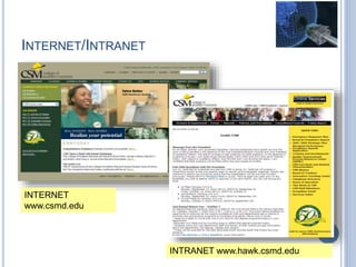 INTERNET/INTRANET
INTERNET
www.csmd.edu
INTRANET www.hawk.csmd.edu
 