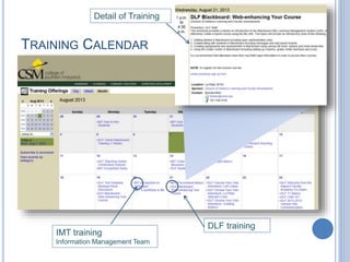 TRAINING CALENDAR
DLF training
IMT training
Information Management Team
Detail of Training
 