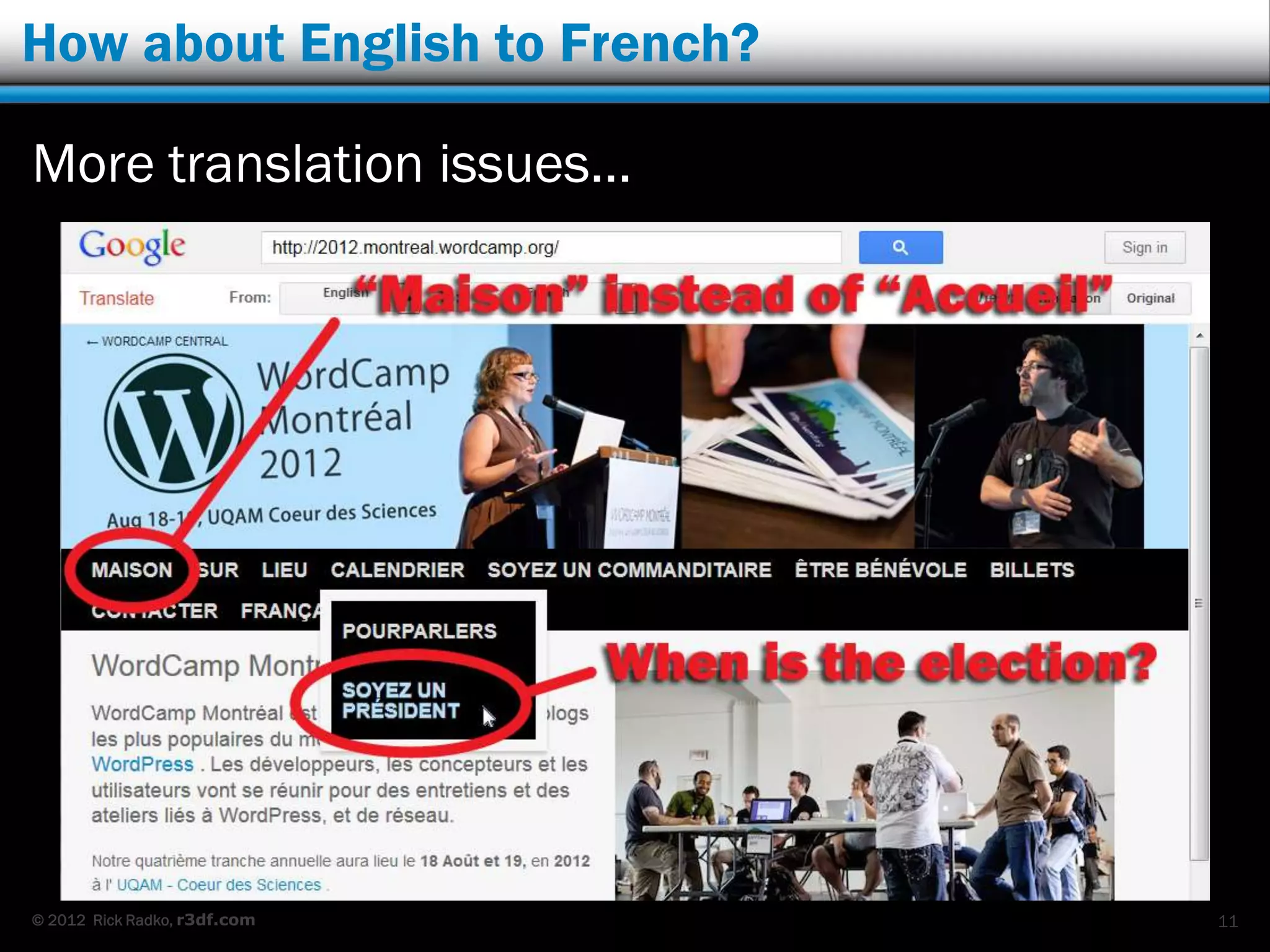 How about English to French?

More translation issues…




© 2012 Rick Radko, r3df.com    11
 