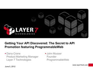 Getting Your API Discovered: The Secret to API
Promotion featuring ProgrammableWeb

 Dana Crane                   John Musser
  Product Marketing Manager     Founder
  Layer 7 Technologies          ProgrammableWeb

June 5, 2012
 