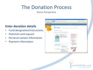 The Donation Process
Donor Perspective
Enter donation details
• Fund designation/instructions
• Potential card request
• Personal contact information
• Payment information
 