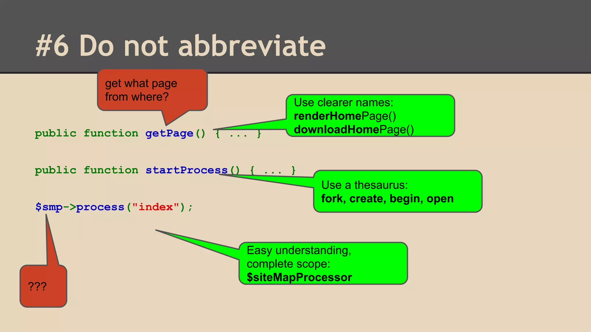 #6 Do not abbreviate get what page from where? public function getPage() { ... } Use clearer names: renderHomePage() downloadHomePage() public function startProcess() { ... } $smp->process("index"); ??? Use a thesaurus: fork, create, begin, open Easy understanding, complete scope: $siteMapProcessor 