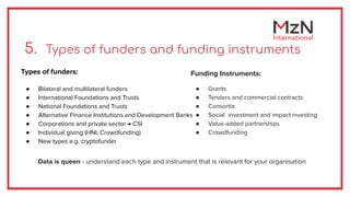 5. Types of funders and funding instruments
Types of funders:
● Bilateral and multilateral funders
● International Foundat...
