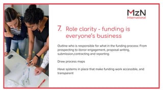 7. Role clarity - funding is
everyone’s business
Outline who is responsible for what in the funding process: From
prospect...