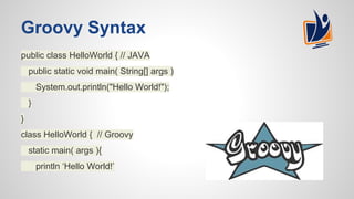 Groovy Syntax
public class HelloWorld { // JAVA
public static void main( String[] args )
System.out.println("Hello World!");
}
}
class HelloWorld { // Groovy
static main( args ){
println ‘Hello World!’
 