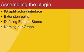 Assembling the plugin
• IGraphFactory interface
• Extension point
• Defining ElementStores
• Naming our Graph
 
