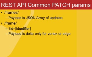 REST API Common PATCH params
• /frames/
– Payload is JSON Array of updates
• /frame/
– ?id=[identifier]
– Payload is delta-only for vertex or edge
 