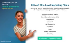 WEBINAR SPECIAL
OFFER
DIGITAL MARKETING
rezStream Better Lodging Simplified
20% off Elite Level Marketing Plans
Work with our team and build a custom robust strategy to capture more guests
by incorporating your budget, goals, timeline, tactics, and more.
Tactics to select from include:
Search Engine Optimization (SEO)
Email Marketing
Metasearch
Pay-Per-Click (PPC)
Social Media
Blogging
Booking Abandonment
Remarketing
Offer Ends: June 2023
52
Get Started with a Free Marketing Analysis
 