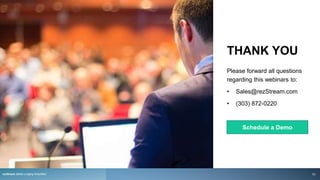 THANK YOU
Please forward all questions
regarding this webinars to:
• Sales@rezStream.com
• (303) 872-0220
rezStream Better Lodging Simplified
Schedule a Demo
53
 