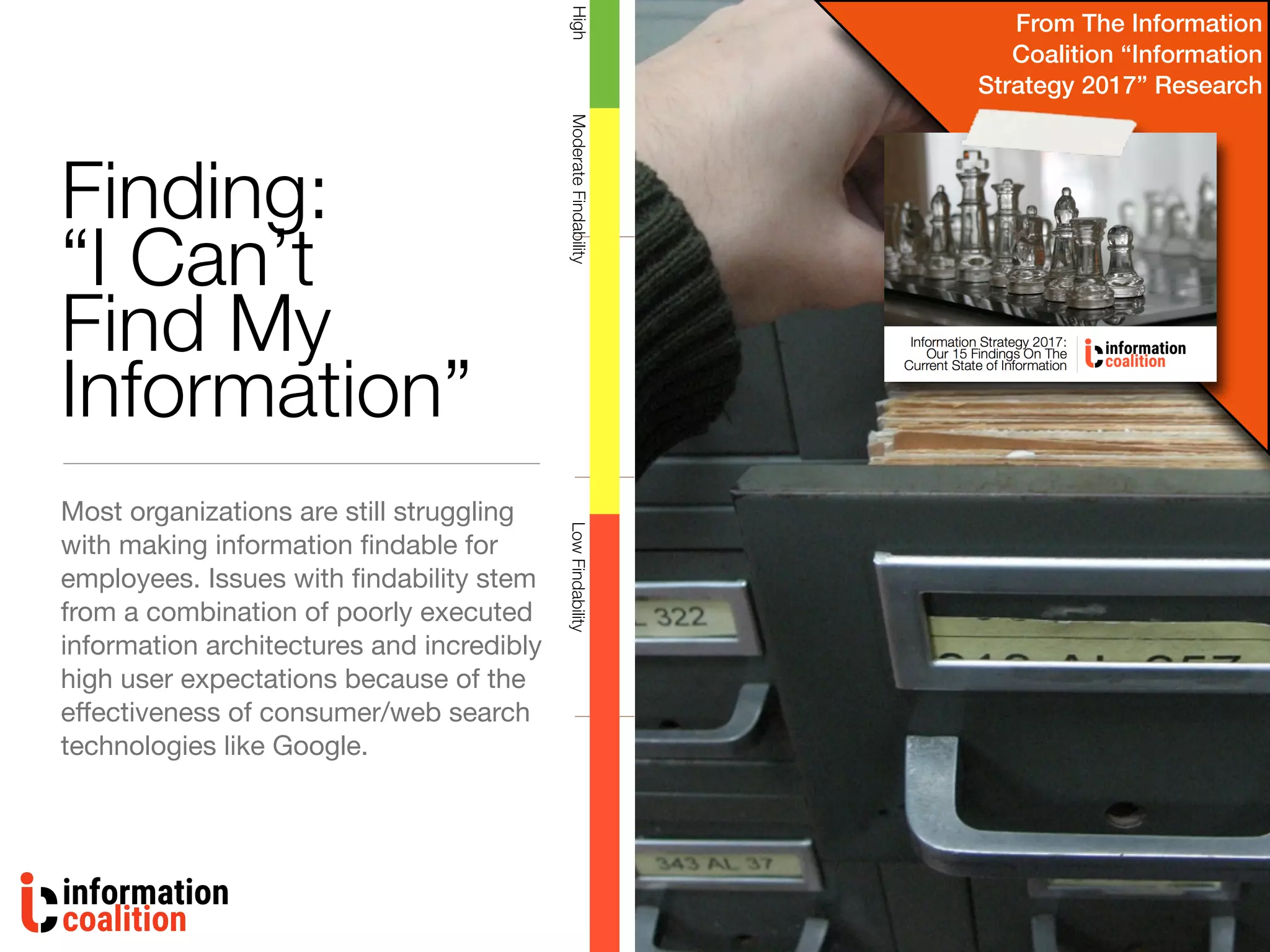 Finding:
“I Can’t
Find My
Information”
Most organizations are still struggling
with making information ﬁndable for
employees. Issues with ﬁndability stem
from a combination of poorly executed
information architectures and incredibly
high user expectations because of the
eﬀectiveness of consumer/web search
technologies like Google.
LowFindabilityHighModerateFindability
From The Information
Coalition “Information
Strategy 2017” Research
 