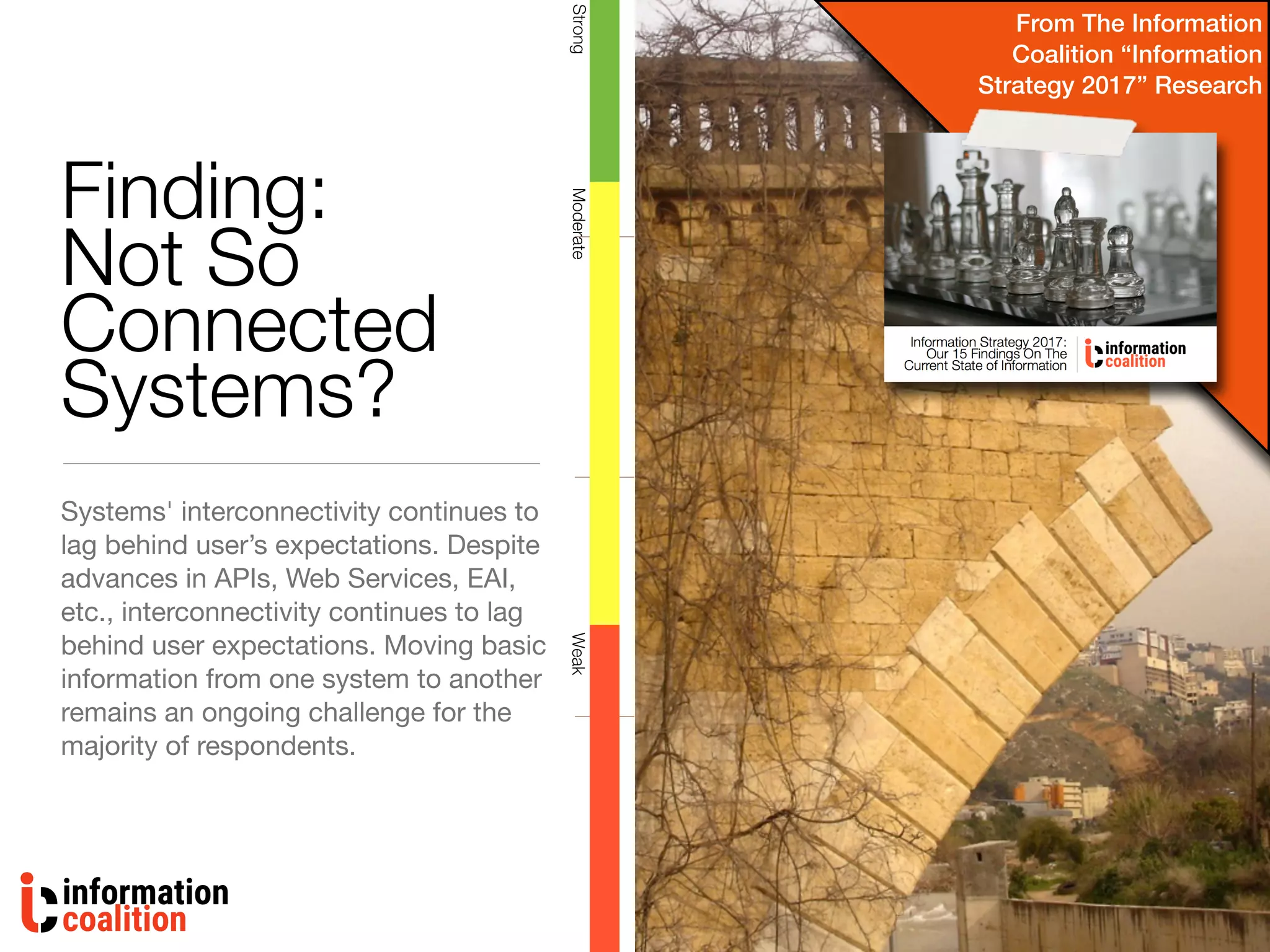 Finding:
Not So
Connected
Systems?
Systems' interconnectivity continues to
lag behind user’s expectations. Despite
advances in APIs, Web Services, EAI,
etc., interconnectivity continues to lag
behind user expectations. Moving basic
information from one system to another
remains an ongoing challenge for the
majority of respondents.
WeakStrongModerate
From The Information
Coalition “Information
Strategy 2017” Research
 