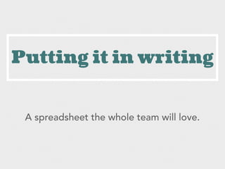 Putting it in writing
A spreadsheet the whole team will love.
 