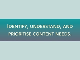 IDENTIFY, UNDERSTAND, AND
PRIORITISE CONTENT NEEDS.
 
